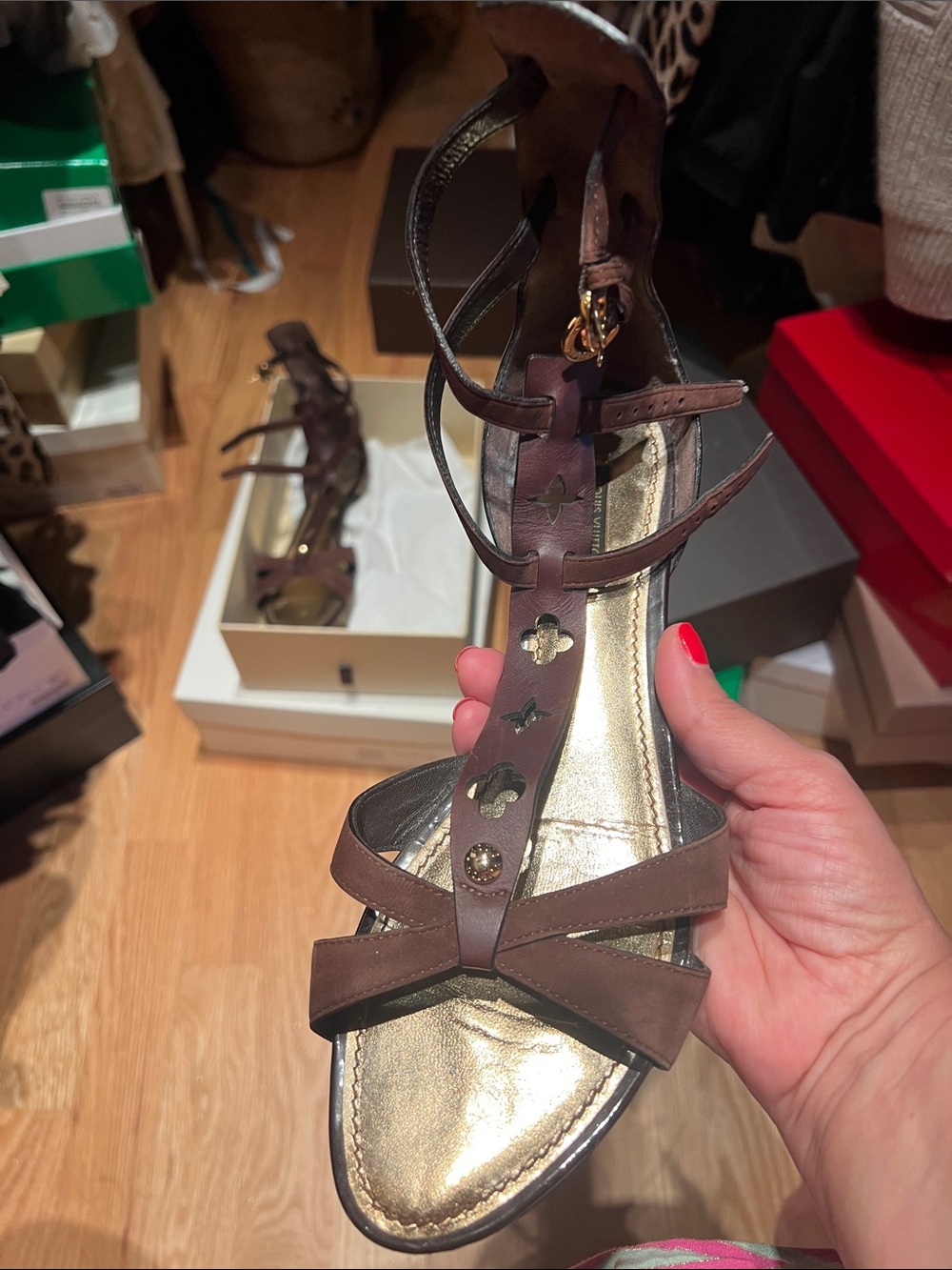 Louis Vuitton Brown Leather T-Strap Sandals with Cutout Motif